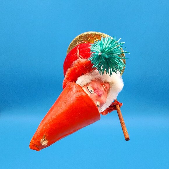 Vintage 1950s Putz Santa Elf Red Spun Cotton Cone Hat Bottlebrush Tree Japan - Picture 9 of 10